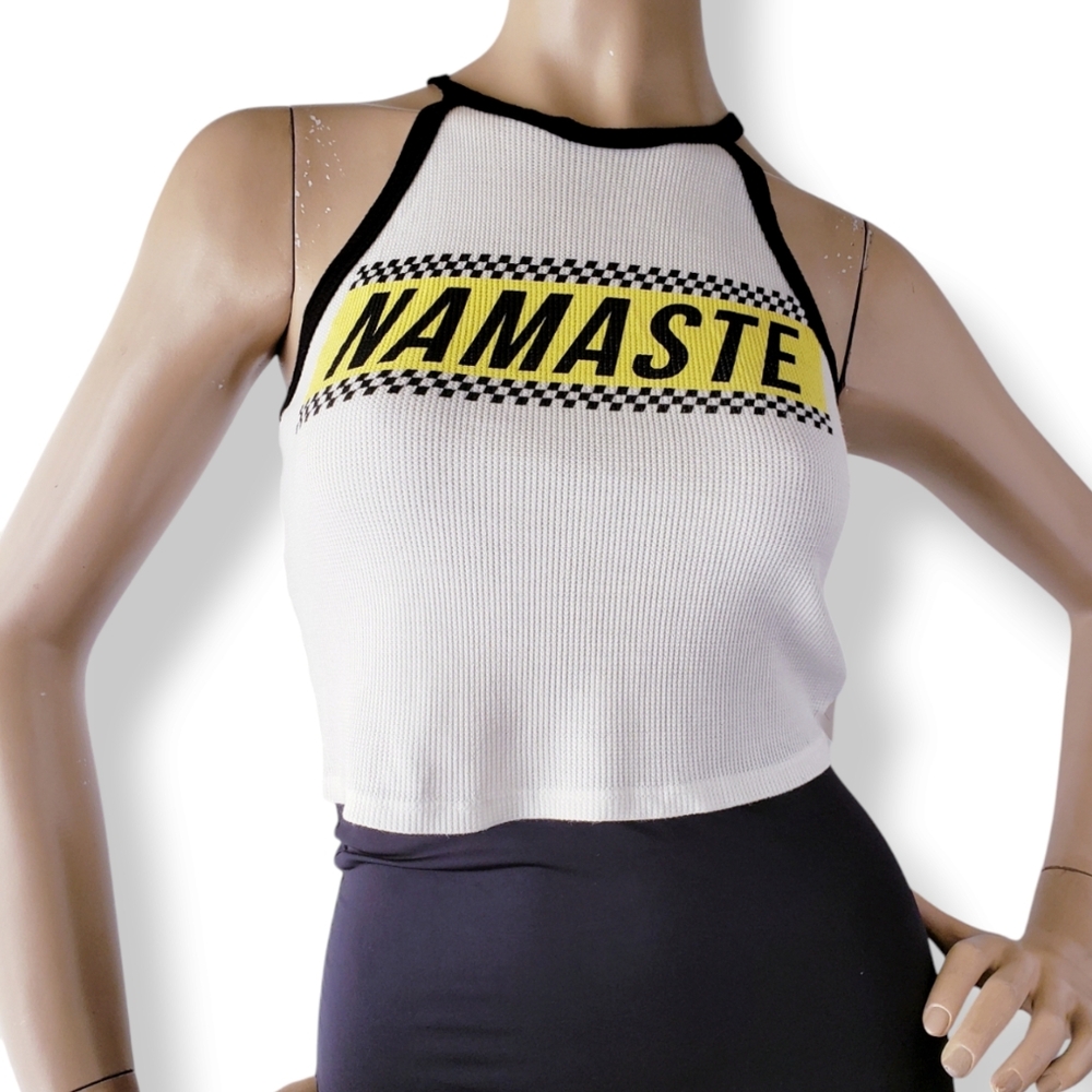"Namaste" White & Black Waffle-Like Knit Crop Top by JC Fits Size Small